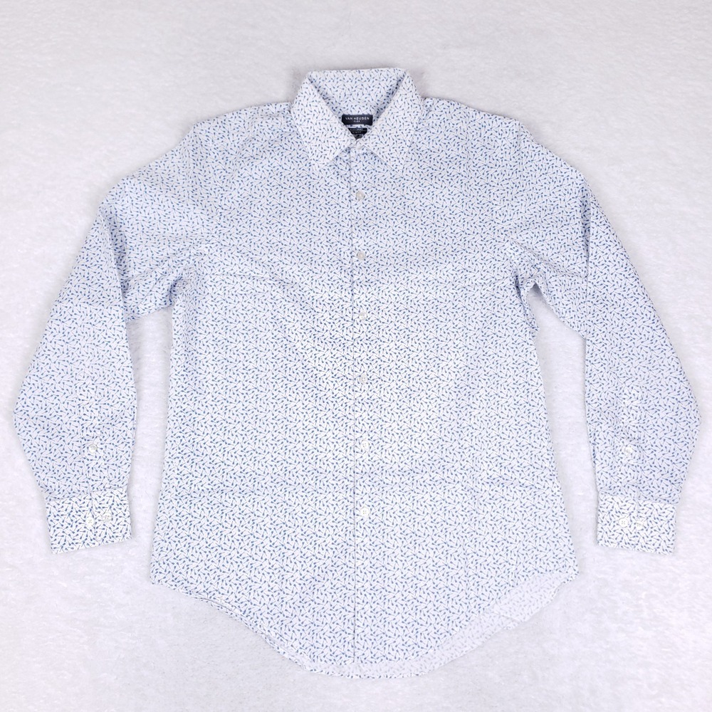Van Heusen‎ Flex Slim Fit Button Shirt 15 32/33 White Blue Guitar Print Music
